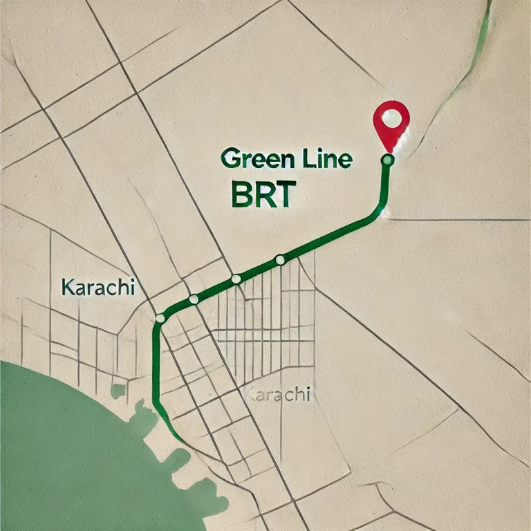 Map of Karachi showing the route of the Green Line BRT with a red pin marking its location.
