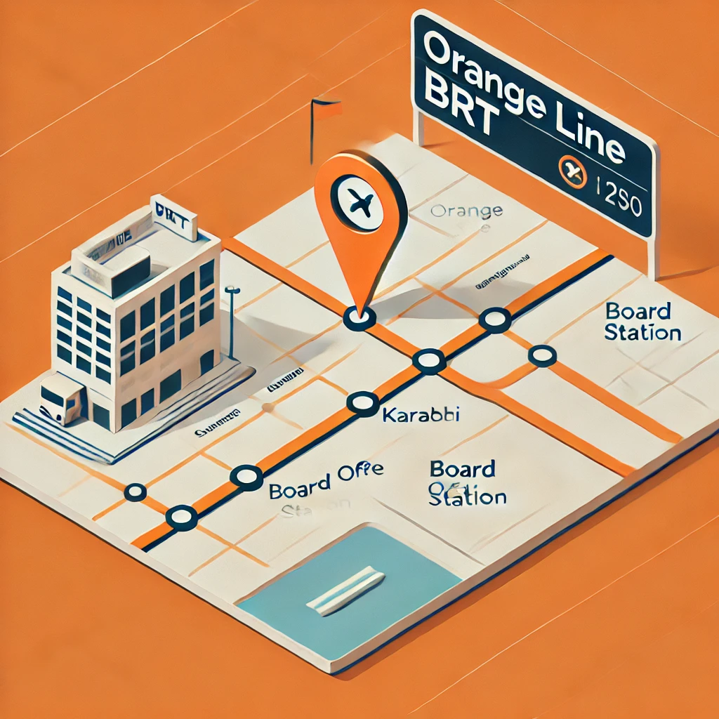 Map of Karachi showing the Orange Line BRT route with a pin labeled "Orange Line BRT" near Board Office Station