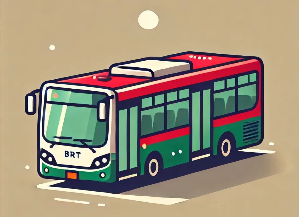 Illustration of Karachi’s BRT buses, featuring modern red and green designs with large windows, in a clean and simple style without any text.