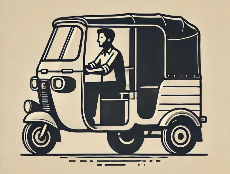 Simple illustration of a chinchi rickshaw in Karachi, showing a three-wheel design, a small passenger cabin, and a driver, with no additional elements.