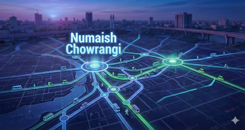 An abstract digital map visualization of Karachi’s transit network, featuring vibrant, glowing path lines in a modern color palette, with "Numaish Chowrangi" highlighted as the central intersection point.