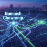 An abstract digital map visualization of Karachi’s transit network, featuring vibrant, glowing path lines in a modern color palette, with "Numaish Chowrangi" highlighted as the central intersection point.