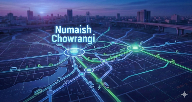 An abstract digital map visualization of Karachi’s transit network, featuring vibrant, glowing path lines in a modern color palette, with "Numaish Chowrangi" highlighted as the central intersection point.