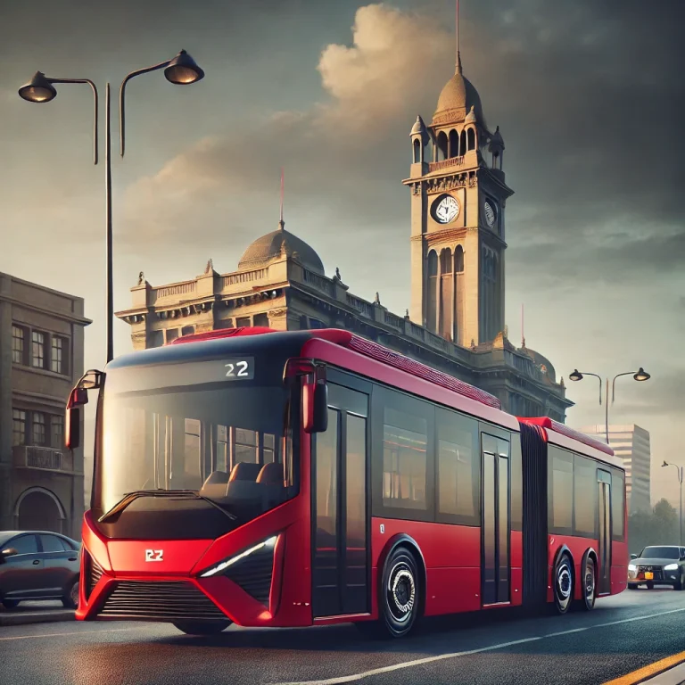 A modern red bus in a Karachi-like urban setting with a historic building, street lamps, and a paved road, reflecting realistic city transport