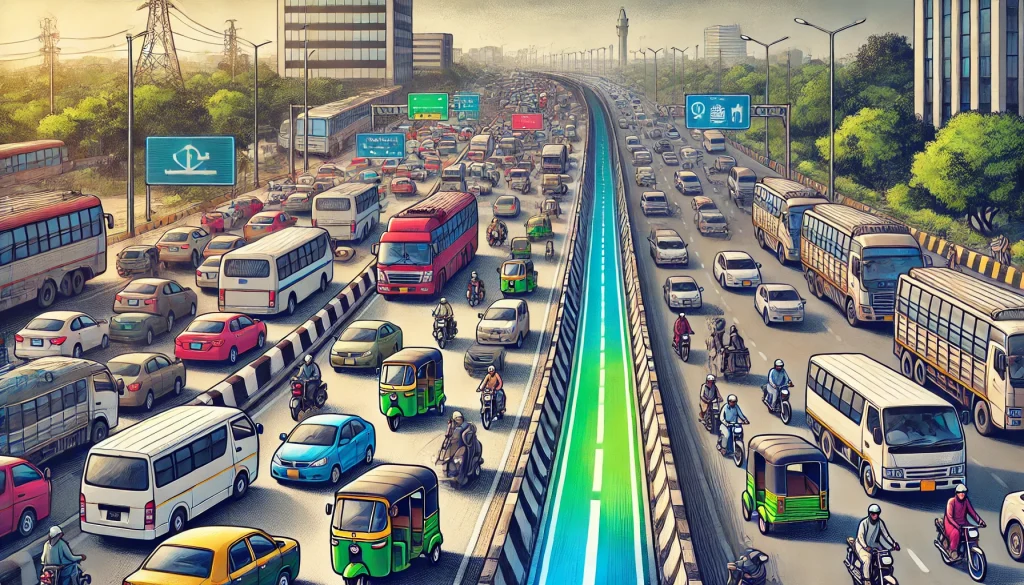 Heavy traffic on a Karachi road with a mix of cars, buses, and motorcycles, depicting congestion and proposed traffic solutions with highlighted routes and icons for public transport and road improvements.
