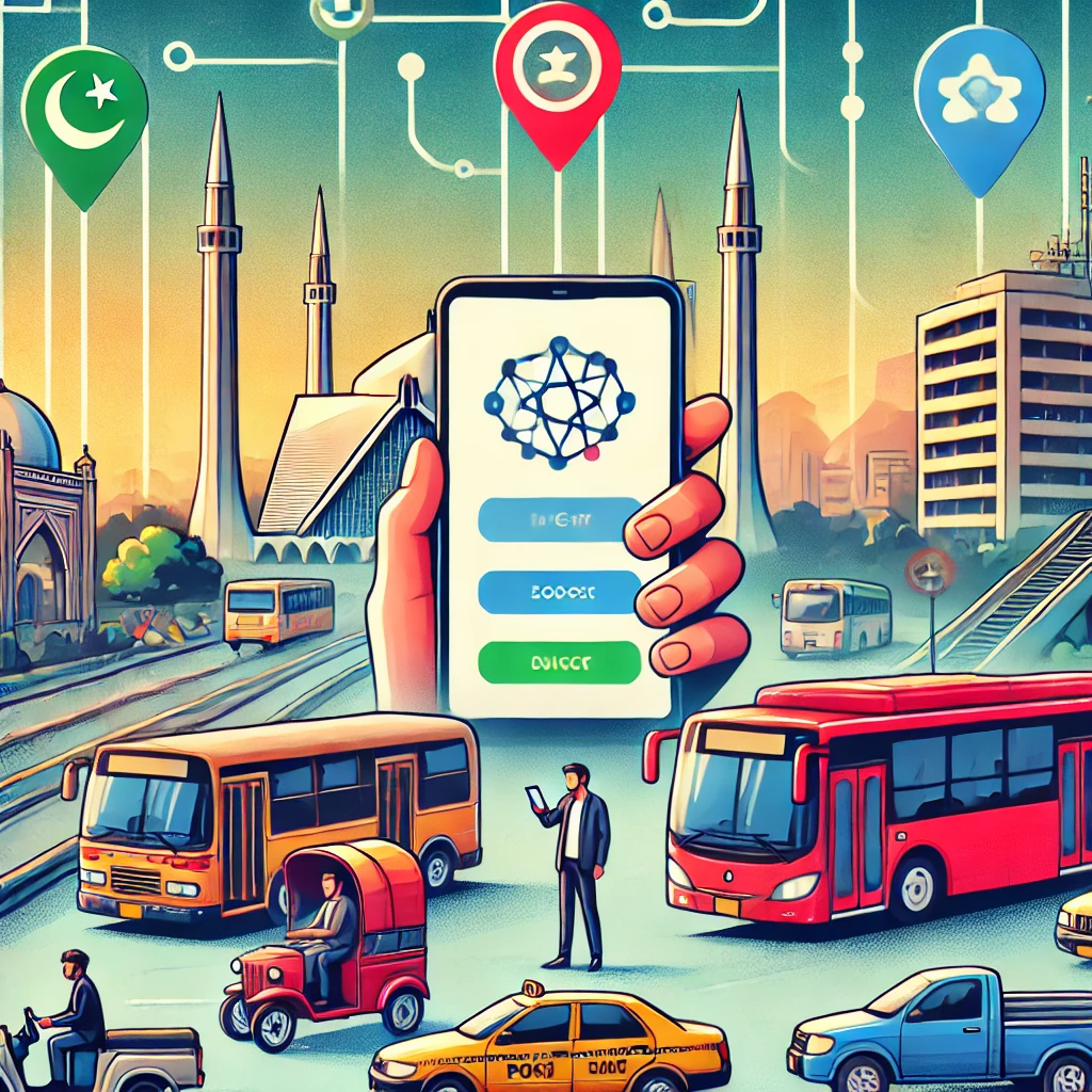 Karachi commuters using the Mnzil app at a bus stop with buses and Chingchis in the background.